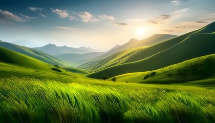 Obraz premium breathtaking green hills and valleys under a serene sky at sunrise, showcasing the beauty of nature's landscapes and the tranquility of the countryside