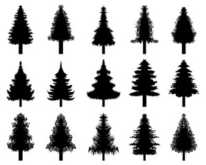 Black silhouettes of various Christmas tree on a white background