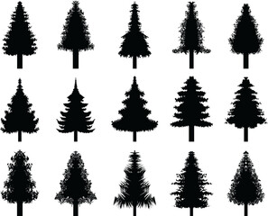 Black silhouettes of various Christmas tree on a white background