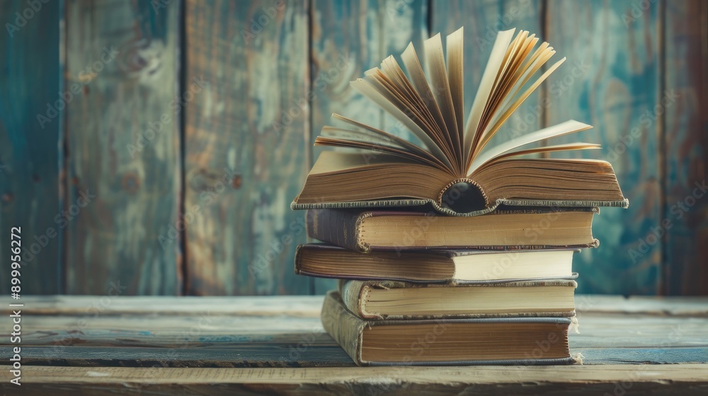 Poster stack of books with opened book space for text education and reading concept
