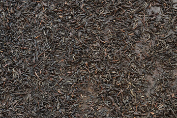 Long black tea on a dark wooden background. Top view of dried tea leaves. Tea composition. Ingredients for a hot drink, close-up