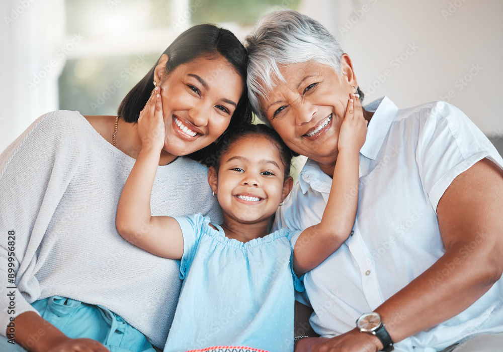 Canvas Prints Family, portrait and relax in living room on sofa for bonding, smile and retirement together on weekend. Grandmother, girl and mother with happiness in house on couch for love, care and support