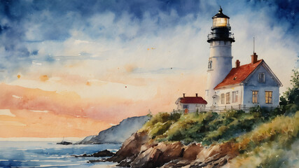 Naklejka premium Oil painting lighthouse landscape. Generative AI
