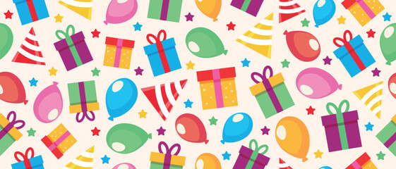 Seamless pattern Happy Birthday with gifts, caps and balloons.