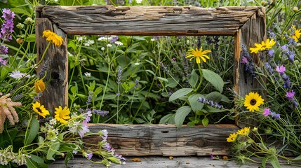 A rustic wooden frame with a natural weathered look surrounded by vibrant wildflowers