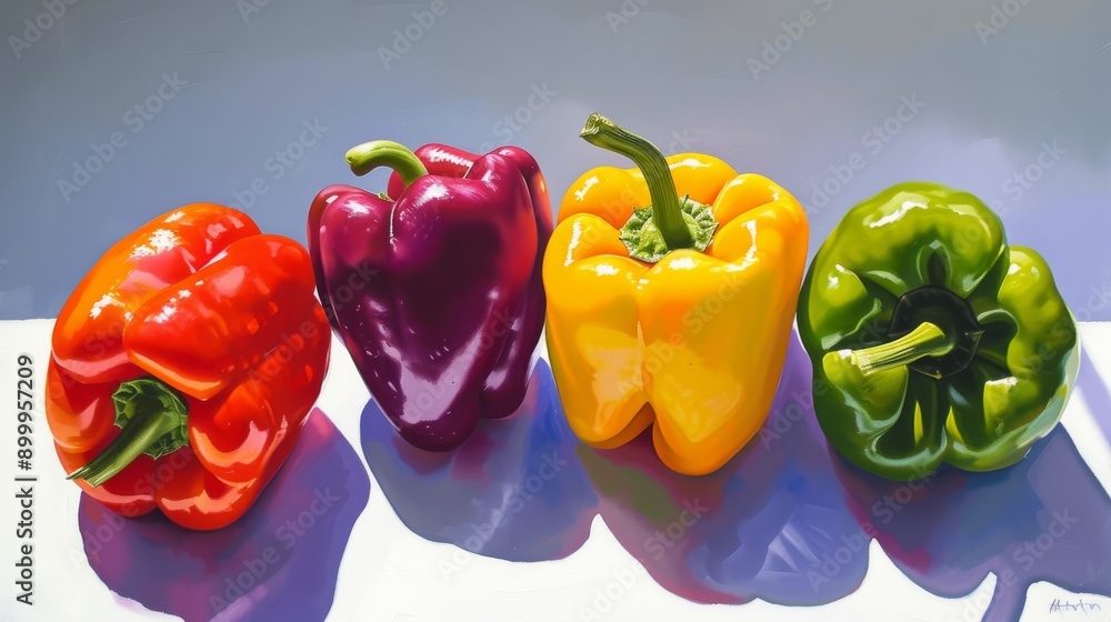 Poster a bright composition of multi-colored peppers depicted on a large scale with contrasting shadows --a