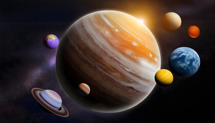 giant jupiter-like planet with an array of diverse large planets and moons in the vast dark space, showcasing the beauty and mystery of the cosmos