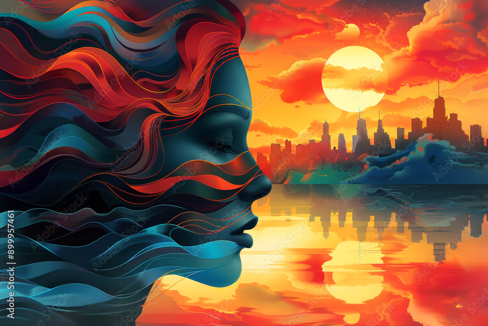 Wall mural abstract artwork of lovely woman with sunset in background