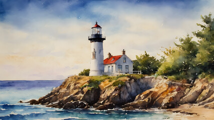 Oil painting lighthouse landscape. Generative AI
