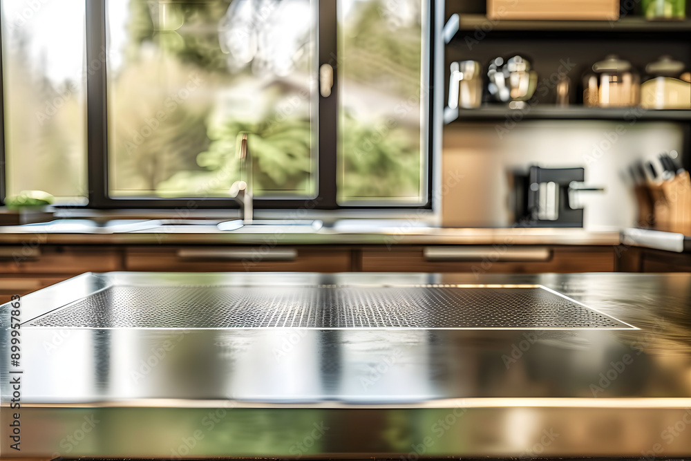 Aufkleber steel table top with blurred empty kitchen background can be used for mocking up or display product 