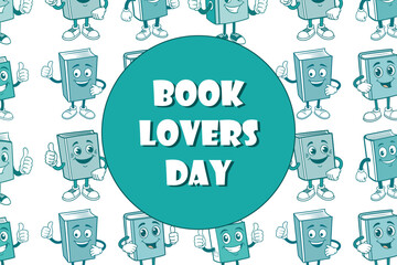 Book Lovers Day celebration poster with smiling book characters. Features vibrant teal and white colors, for web design and educational materials. Includes prominent text Book Lovers Day in the center