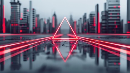 A glowing red triangle stands in the middle of a futuristic city street. The neon light reflects off the wet pavement, creating a vibrant and dynamic image.