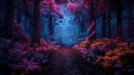 Fototapeta premium A path leads through a mystical forest with glowing trees and vibrant foliage under a twilight sky.