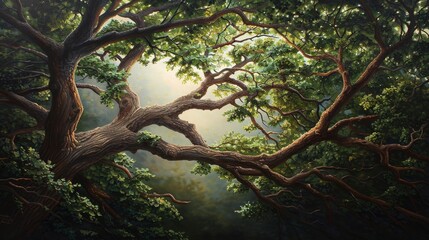 Fototapeta premium A sunlit clearing in a dense forest, viewed from beneath the canopy of a large tree with thick branches.
