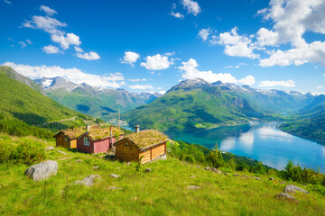 Nature in fjords. Rakssetra, Norway. Panoramic view. Traveling on a Norwegian fjord. Scandinavia....