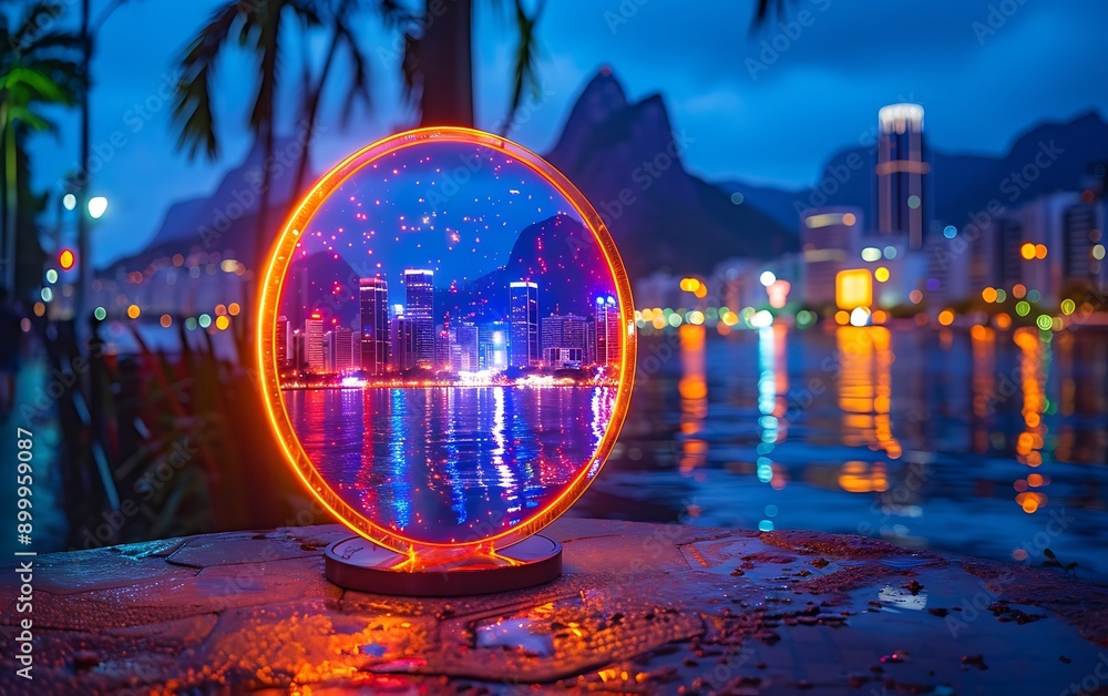 Poster a circular object with a reflection of a city in the background.