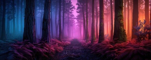 Obraz premium Mystical forest path bathed in ethereal light.