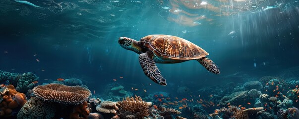 Fototapeta premium Sea turtle swimming through a vibrant coral reef.