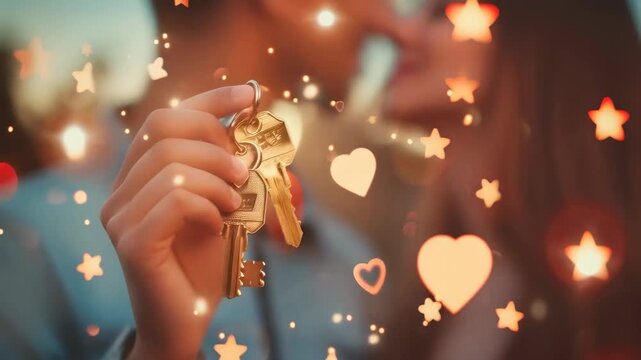 Young couple, one holding house keys, is blurred in the background, creating a romantic atmosphere. The scene features glowing hearts and stars, suggesting new beginnings. Evening ambiance.