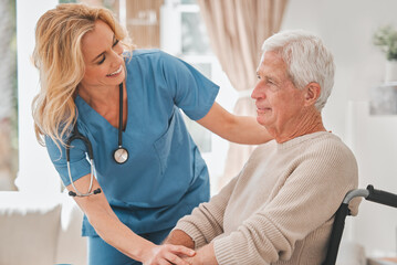 Obraz premium Assisted living, health or support with nurse and old man in retirement home for medical checkup. Elderly care, wheelchair or visit of person with disability and medicine professional in apartment