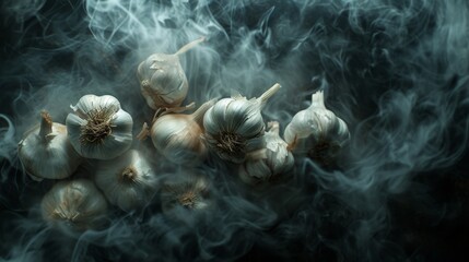Fresh garlic bulbs lie clustered together, enveloped by swirling, mysterious smoke. The dark background accentuates the garlic's texture, creating an intriguing and dramatic visual.