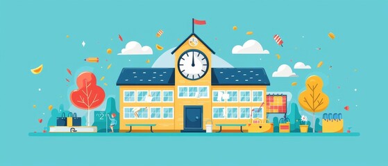 Flat design of a school day schedule with periods for different subjects, break times, and after-school activities on a clean background