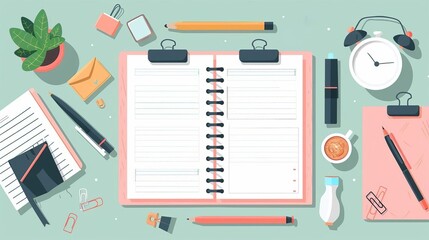 Flat design of a school planner page with a weekly schedule, assignment tracker, and goal-setting section on a clean layout