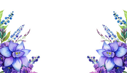 watercolor purple and blue flower with leaves Delphinium Flower with branch and leaves isolated on white background, corner border