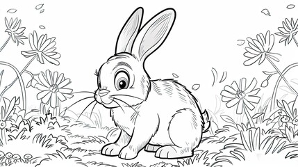 Fun And Playful Cartoon Rabbit Sitting Among Flowers In A Sunny Garden For Kids To Color