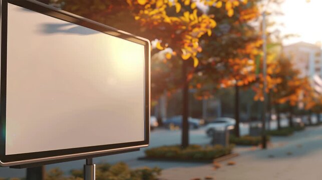 An empty huge poster mockup on the roof of a mall; white template placeholder of an advertising billboard on the rooftop of a modern building framed by trees; blank mock-up of an outdoor info banner