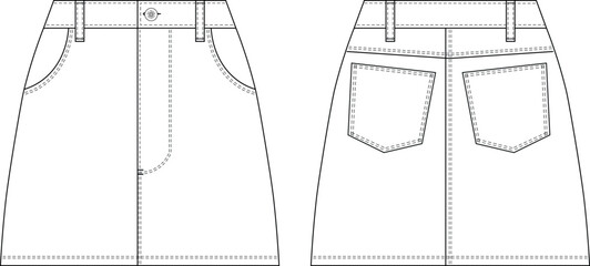 zippered short mini a line denim jean skirt template technical drawing flat sketch cad mockup fashion woman design style model
