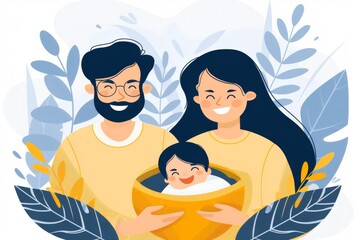 Obraz premium Cheerful cartoon family with baby vibrant colors modern flat design highlighting joy and togetherness in a playful loving environment