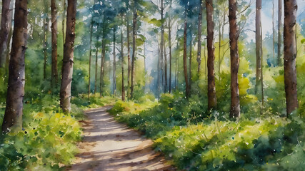 Obraz premium Dirt road in the forest in oil painting. Generative AI