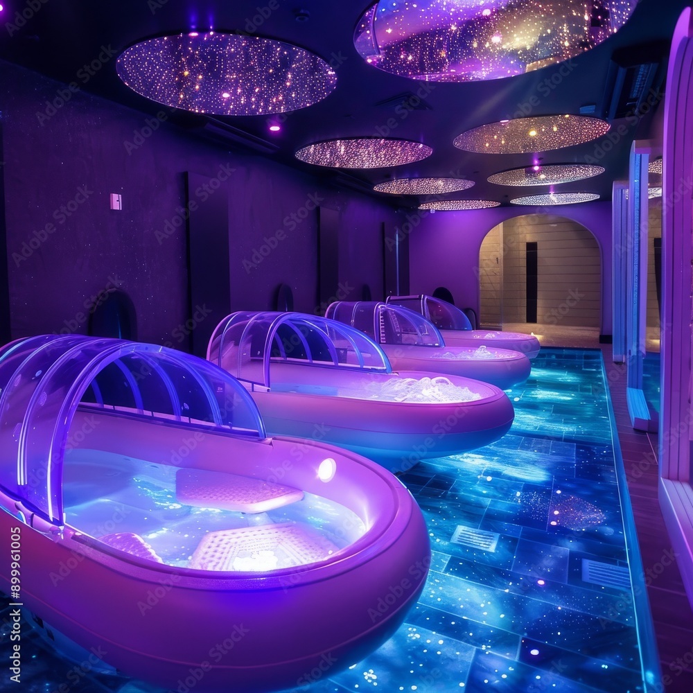Poster a row of futuristic floatation tanks illuminated with blue and purple lighting create a mesmerizing 