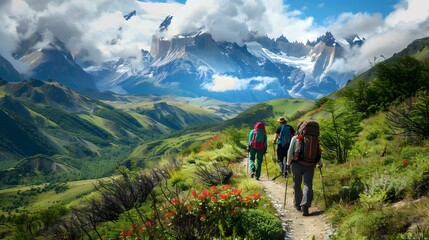 Obraz premium Three individuals hiking along a scenic mountain path with vibrant wildflowers
