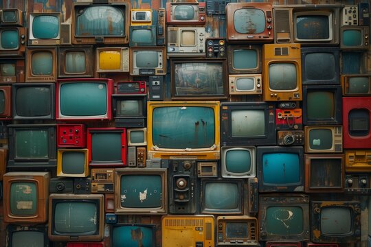 A visually engaging and colorful collage of old televisions stacked high on a wall, illustrating a vintage media display that highlights the charm and nostalgia of retro technology.