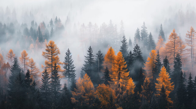 Misty and foggy forest, fall background