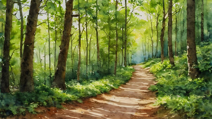 Fototapeta premium Dirt road in the forest in oil painting. Generative AI