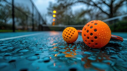 Fototapeta premium Pickleball paddles and balls on a game court. The sports equipment is ready for game play