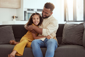 Hug, sofa and child with father in home for love, care and bonding together on weekend. Smile,...