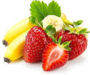 strawberries and banana on a white background