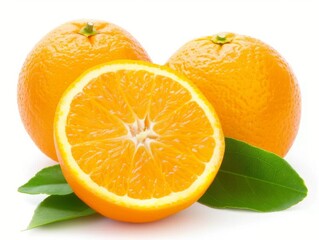 fresh oranges with leaves on a white background