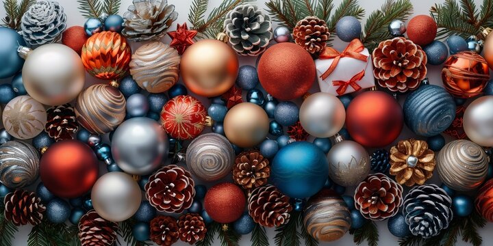 A delightful collection of Christmas decorations featuring an array of baubles and pinecones in different colors, elegantly arranged to evoke the festive spirit and holiday cheer.
