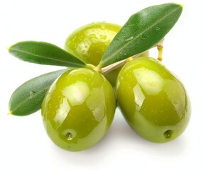 Obraz premium green olives with leaves on a white background