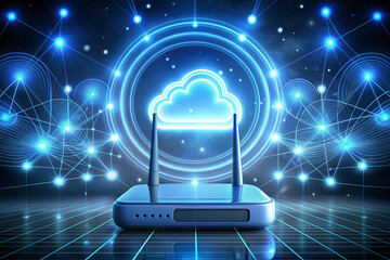 High-tech wireless router device emitting wireless signal, surrounded by cloudy circles representing cloud computing, with glowing lines and dots flowing through the air.