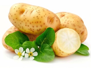 potatoes with leaves and flowers on a white background