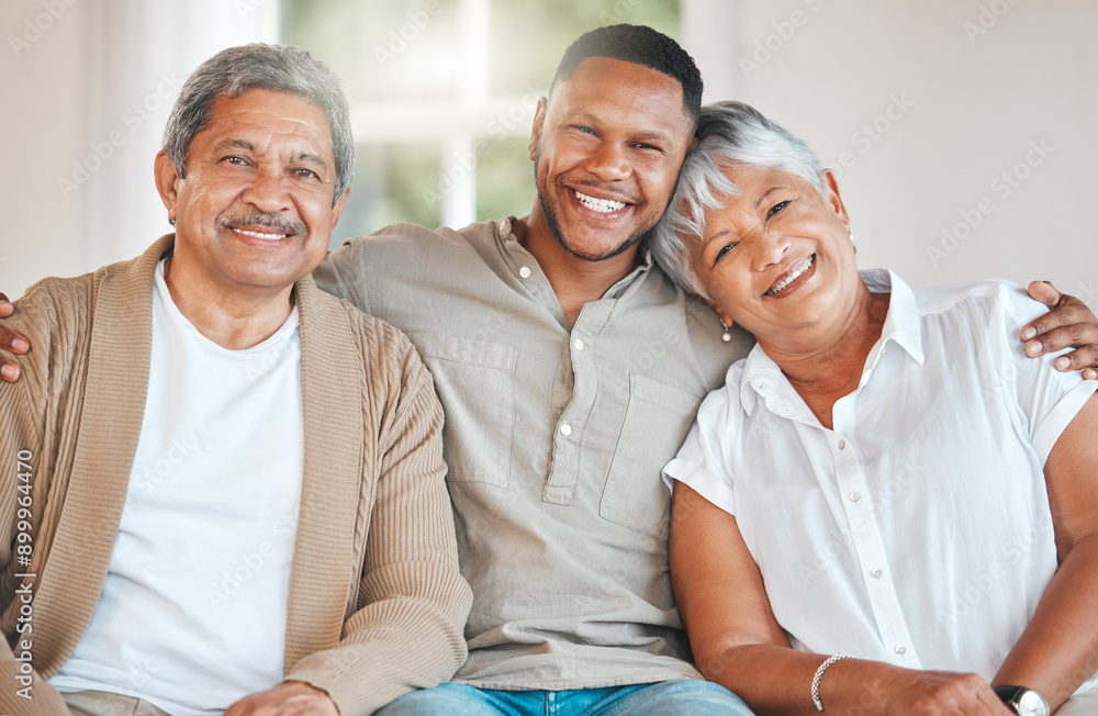 Poster Family, portrait and happy in living room on sofa for bonding, relax and retirement together on weekend. Grandparents, man and face with smile in house on couch for love, care or relationship support