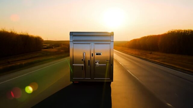A silver safe with money drives along a quiet highway as the sun sets behind a line of trees, casting warm light across the road