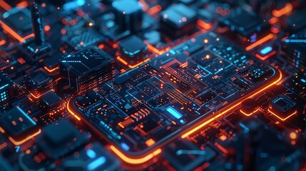 AI Chip with Glowing Circuits and Electron Races in Multiple Colors