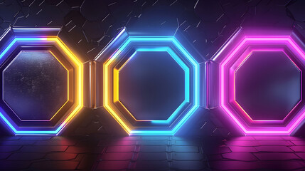 Animated sci fi neon game rank avatar metal hexagon frame modern set. Cartoon isolated futuristic iron level border badge. Steel user asset kit. Silver ranking template with empty colours.